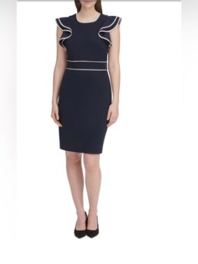 Tommy Hilfiger Navy Midi Dress with White Trim and Ruffle Sleeves